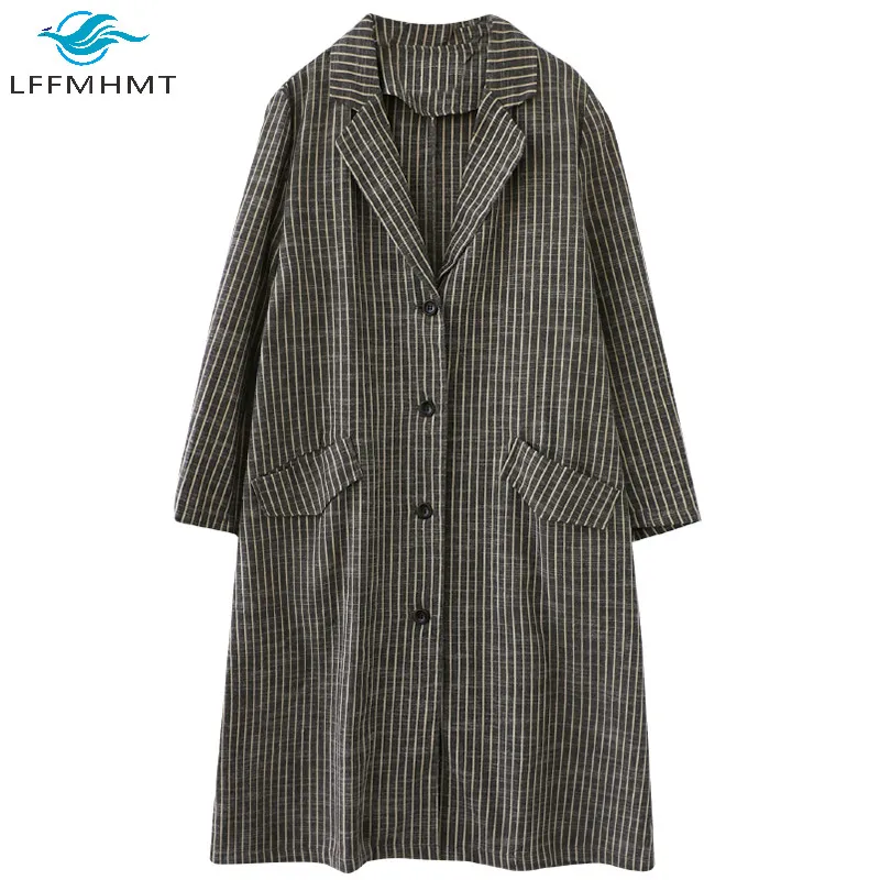 

Women Autumn Fashion Long Sleeve Classical Striped Vintage Suit Coats Korean Style Long Jackets Office Lady Casual Lapel Trench