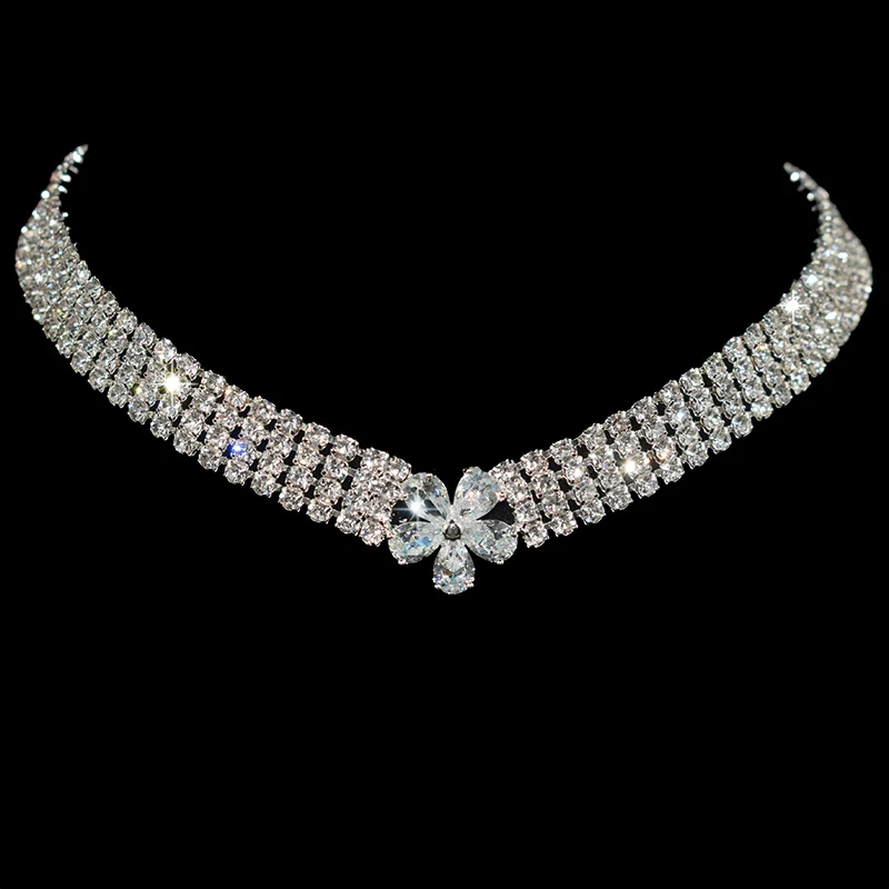 Сверкающее серебряное покрытие цветы циркон ошейник цепочка колье Свадебная