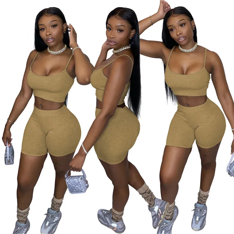 

Activewear Fitness Two Piece Women Shorts Crop Tops Sleeveless Skinny Set Summer Sports Biker Casual Outfit Female Solid Sets