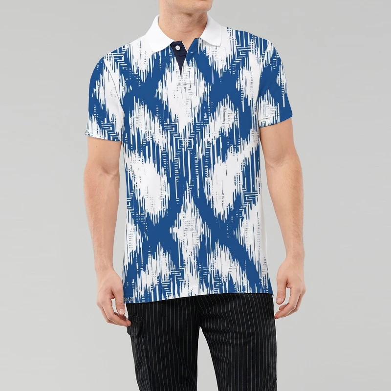 Мужская футболка-поло с геометрическим рисунком в сине-оранжевую полоску