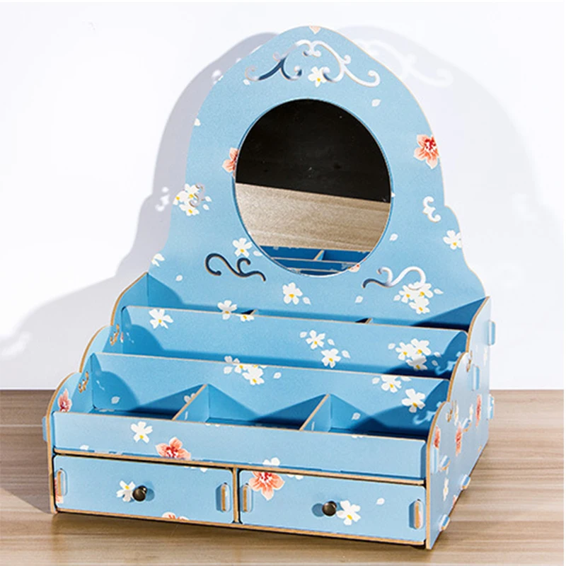 

PVC Wood Plastic Board Cosmetic Box With Mirror Skin Care Products Jewelry Box Drawer Cosmetic Storage Box Makeup Organizer