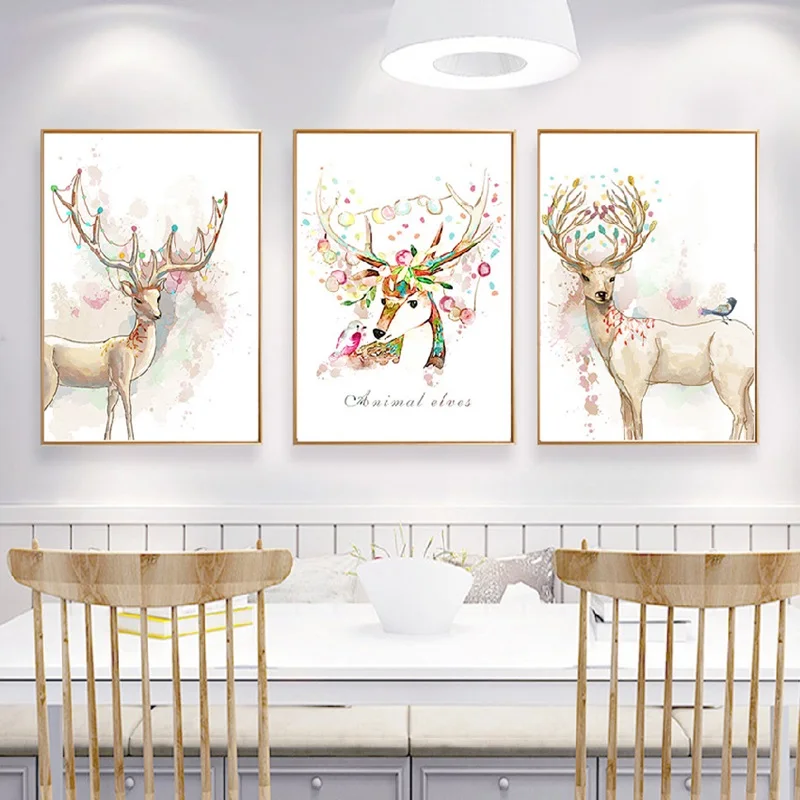 

Colorful Watercolor Deer Modern Minimalist Hanging Wall Art Canvas Painting Home Decor Poster For Living Room Bedroom