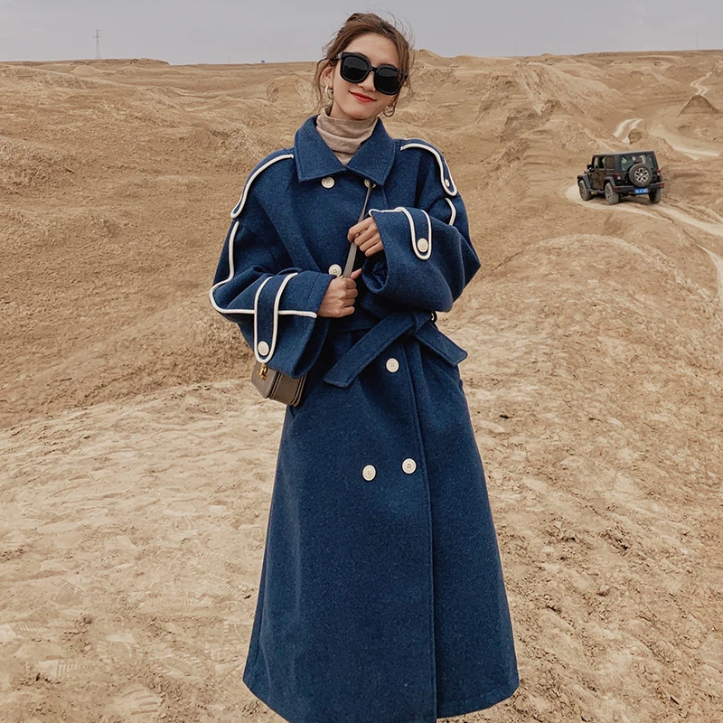 

Женское длинное шерстяное пальто в Корейском стиле, длинное шерстяное пальто синего цвета, свободное хлопковое пальто выше колена, 1 к, зима ...