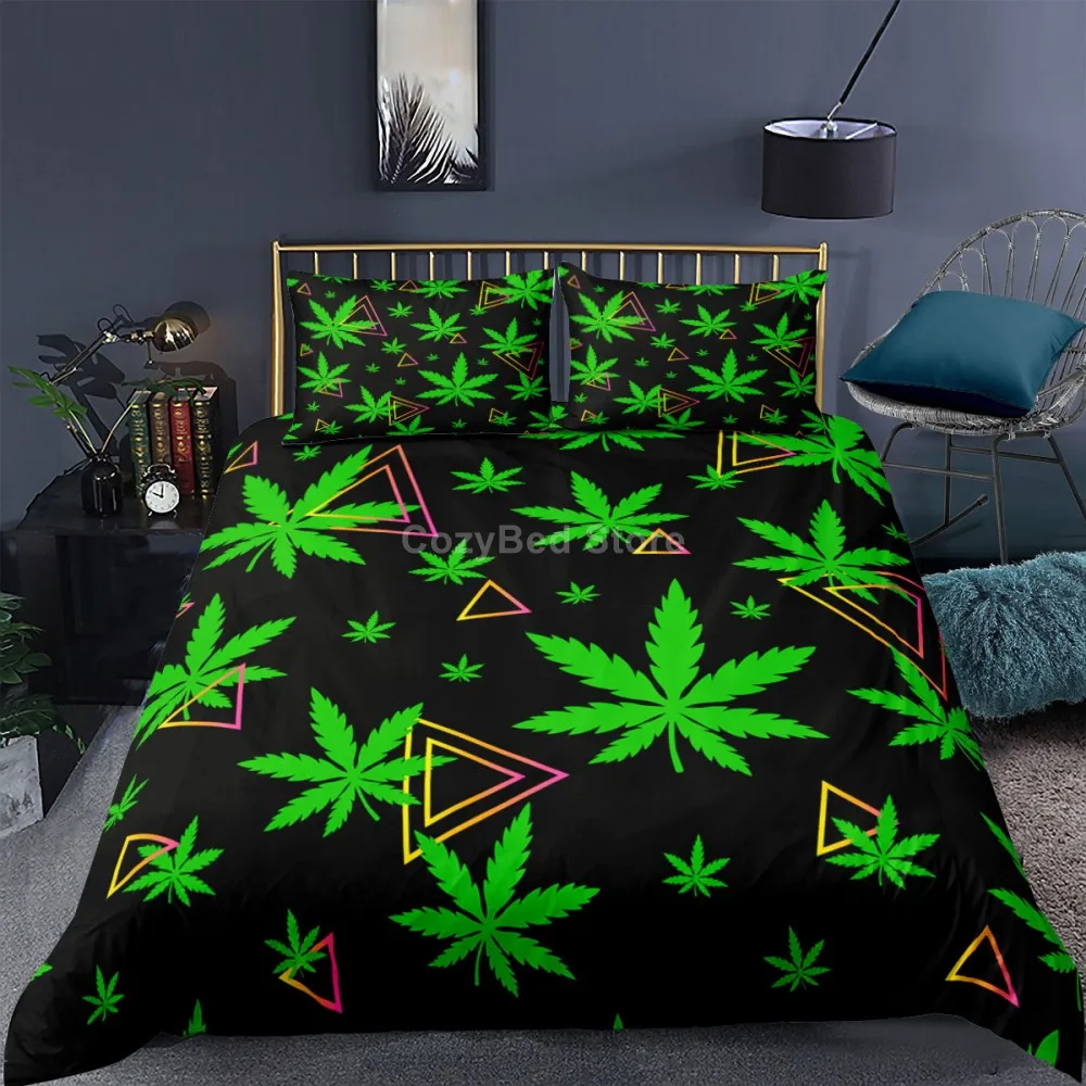 

Marijuana Weed Leaf Bedding Set Fantasy Comforter 3D Print Luxury Duvet Cover Set Home Textile Decor Queen King Single Size