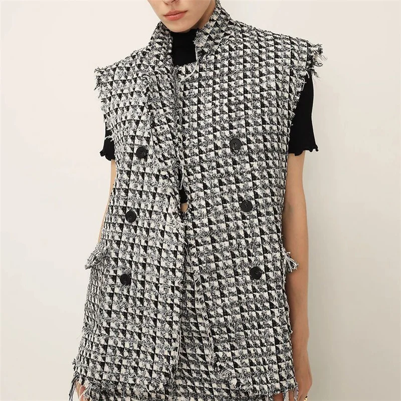 

Женский твидовый пуловер с бахромой, винтажный двубортный жилет с воротником «гусиные лапки» без рукавов