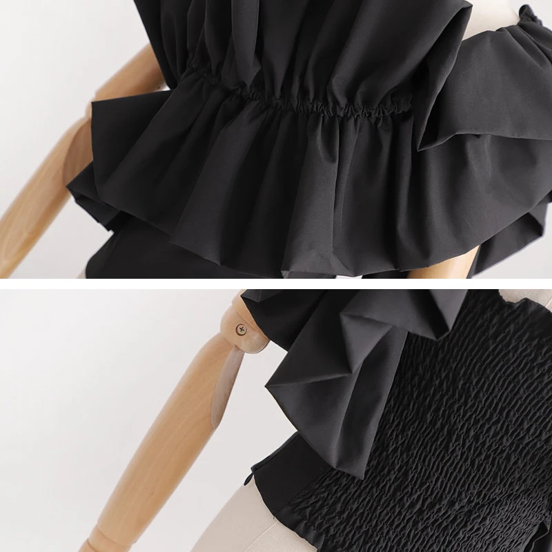 

Black Ruffled top Women 2019 New arrival Sexy off shoulder Crop tops Slim irregular Blouse Fashion Summer Holiday INKEO 9T015