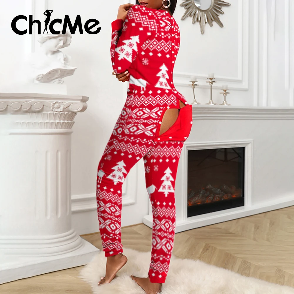 

Chicme Christmas Gift for Ladies Casual Plaid Functional Buttoned Flap Long Sleeve Jumpsuit Sexy Adults Pajamas Women Homewear