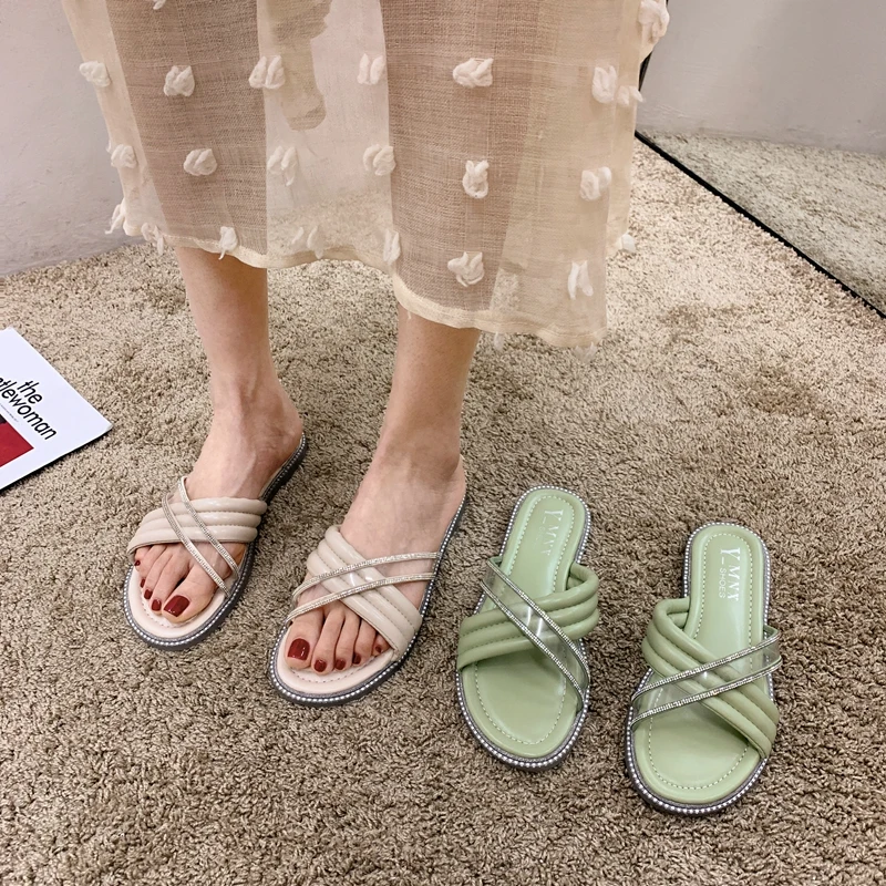 

MIYEDA Womens Sandals 2021 Luxury Designer Flats Crystal Soft Modern Slippers Bling Non Slip Summer Flat Cool Female Shoes