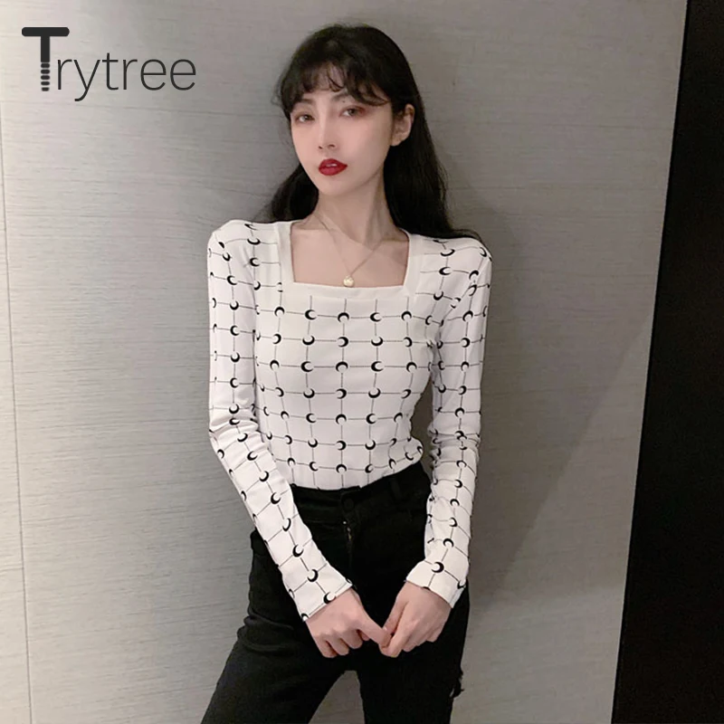 Весенняя женская футболка Trytree 2020 Повседневная облегающая с квадратным