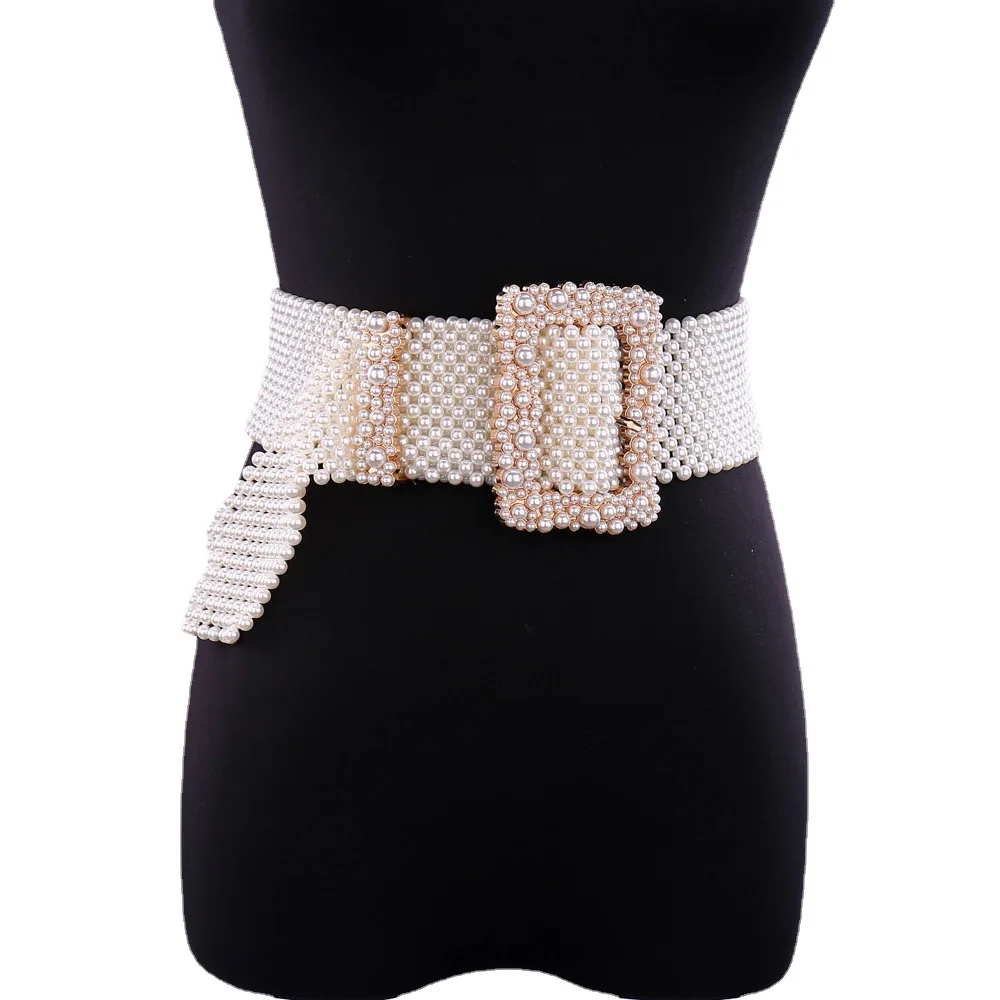 Designer New Luxury Fashion High Quality Handmade Knitting Imitation Pearl Women's Belt Decorative Dress Wide Waist Chain Strap