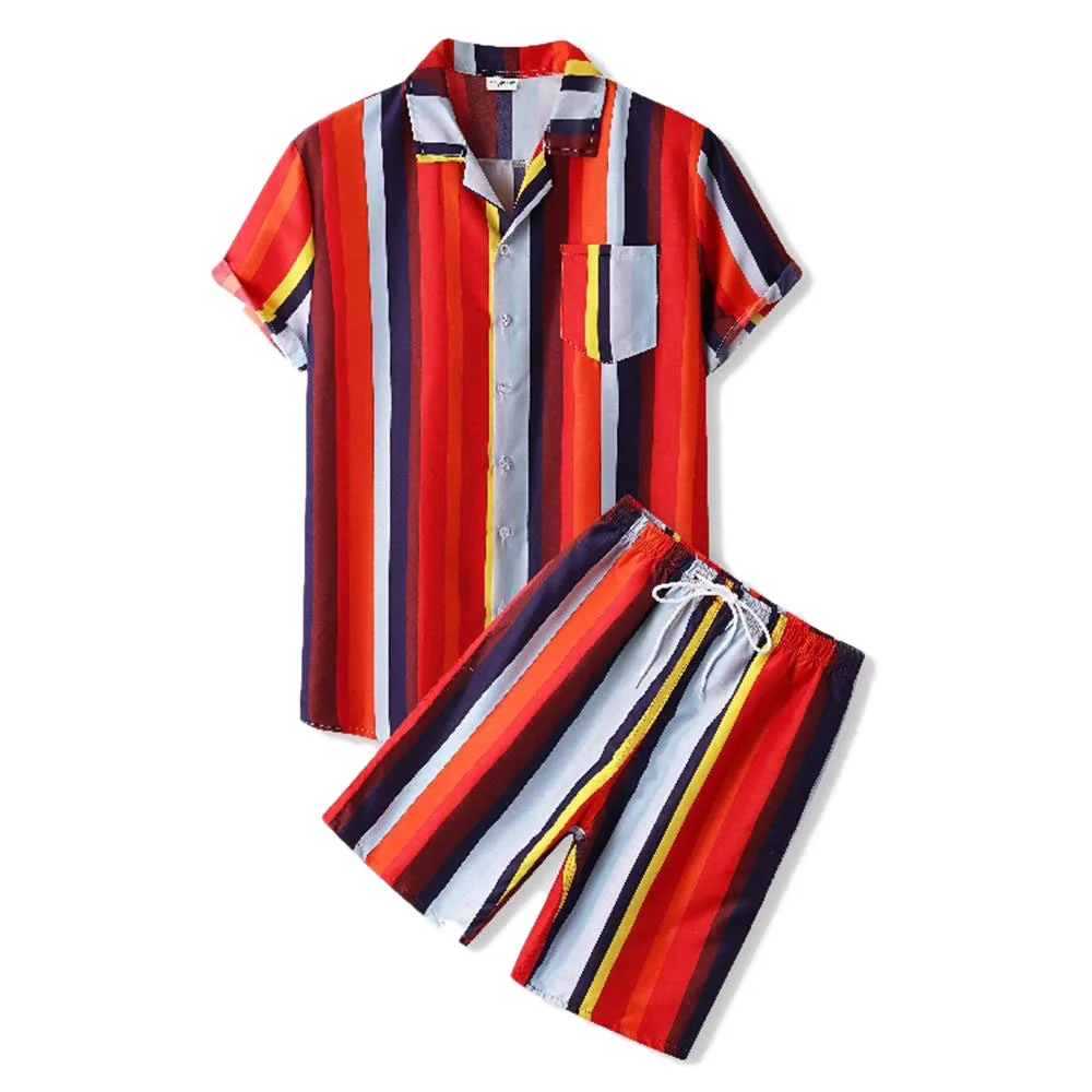 

Комплект спортивный мужской с цветочным принтом, рубашка с короткими рукавами и штаны в полоску, пляжный, красный, черный, с карманами, компл...