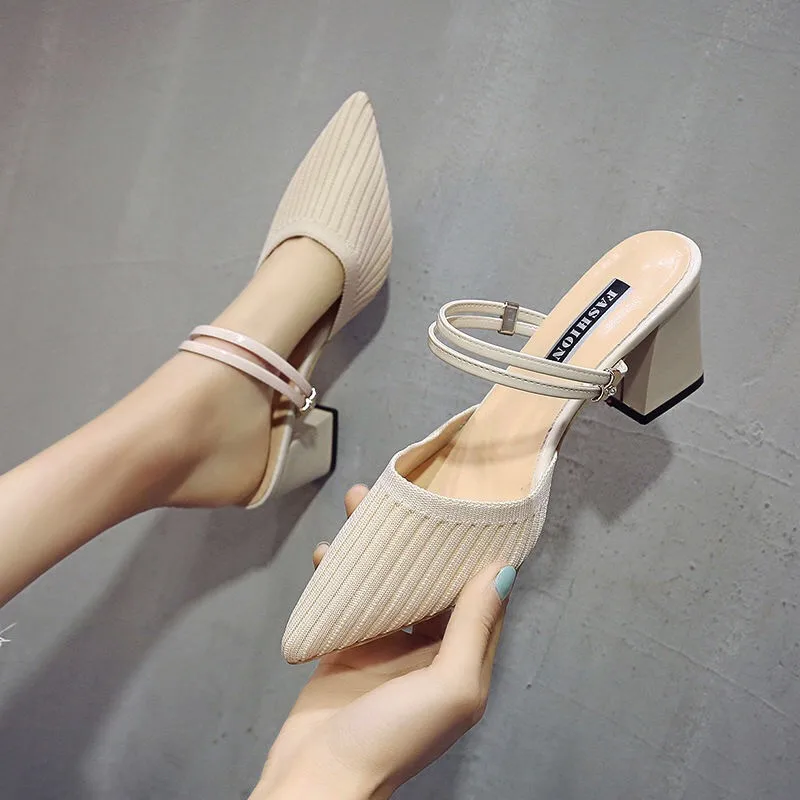 Мюли женские летние без задника туфли лодочки заостренный носок низкий каблук