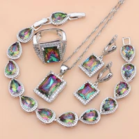sterling silver jewelry mystic rainbow fire zircon jewelry sets women wedding earringspendantnecklaceringsbracelet