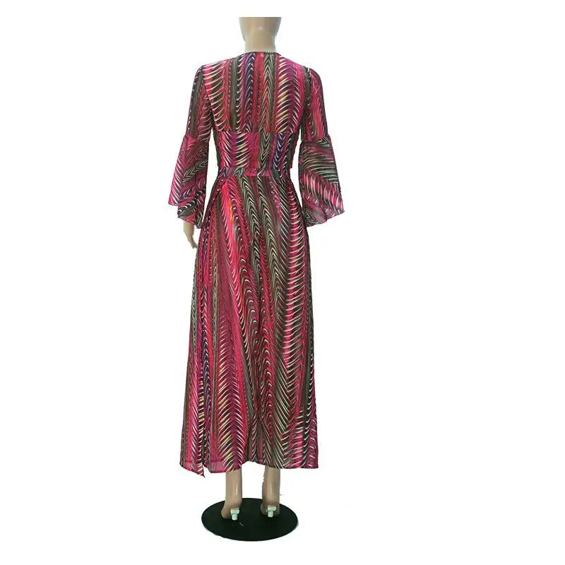 

Women Two Pieces Suits V Neck Botton Crop Top Flare Long Sleeve Print Chiffon Sexy Dress