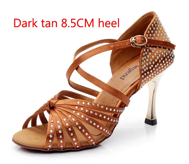 Dark tan 8.5cm Heel Сатиновые стразы на высоком каблуке 8,5 см; обувь для латинских танцев; женская обувь для бальных танцев; сандалии для девочек; Zapatos De Baile Latino; Цвет черный, коричневый - Цвет: Dark tan 8.5cm Heel