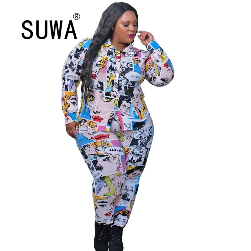 

Cartoon Character Print Harajuku Two Piece Outfits for Women Turn Down Collar Long Sleeve Blouse+Skinny Legging Plus Size
