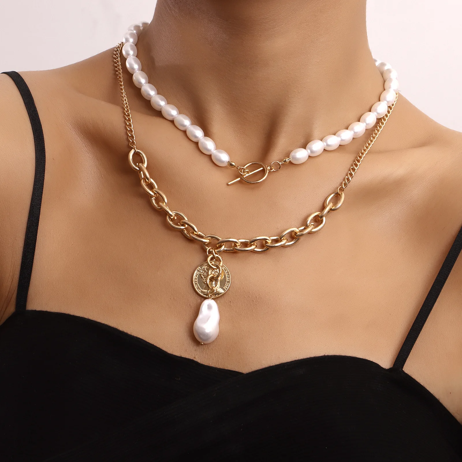 

Ingemark Elegant Light Luxury Baroque Pearl Coin Pendant Necklace Vintage Multilayer OT Buckle Lariat Chain Neck Women Jewelry