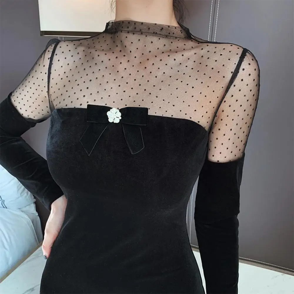 

Women Bodycon Dress Fashion Polka Dot Mesh Slim Ladies Dresses Sexy Long Sleeve