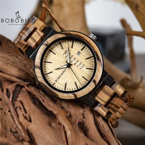 BOBO BIRD Men Wristwatches Quartz Movement Complete Calendar Wood Watch Week Display relogio masculi