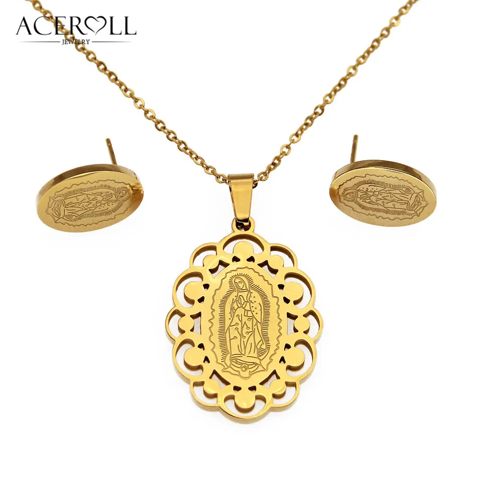 Асеролл из нержавеющей стали католические серьги и кулон ожерелье с овальной