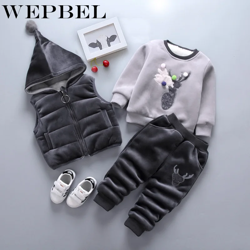 WEPBEL Children Kids Boys Girls Clothing Sets Winter Hooded Woolen Vest Jackets Pants Thick Warm Tracksuts Trousers | Детская одежда и