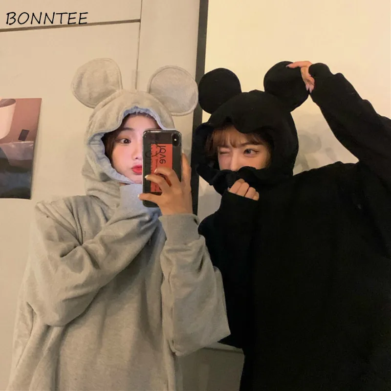 

Hoodies Women Solid Bear-ear Hooded Kawaii Drawstring Ins Popular Couple Autumn Korean Style Loose Large Size 2XL Casual Chic BF