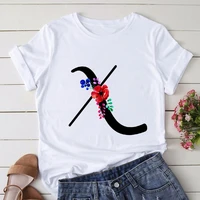 26 alphabet with flowers letter women t shirt harajuku casual white tops tees women new summer casual female graphic t shirt
