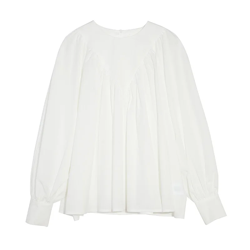 

Korean Casual Solid O Neck Blouse Spring Summer Loose Long Sleeve Simple Shirt Women Elegant Temperament All Match Tops