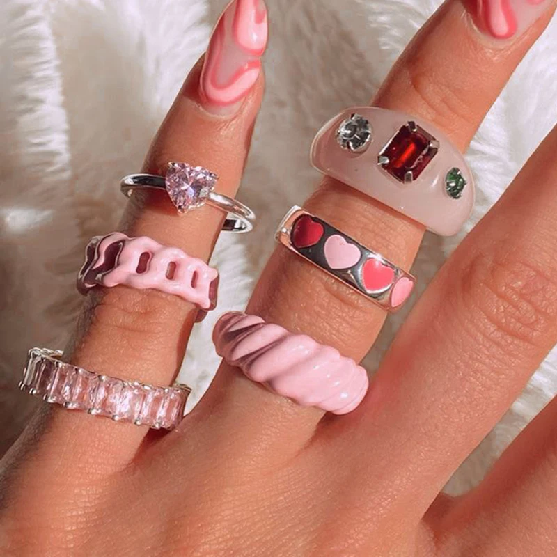 

Colorful Transparent Resin Rings Y2K Style Fashion For Women Vintage Diamond Beads Acrylic Chunky Finger Party 2021 Jewelry Gift