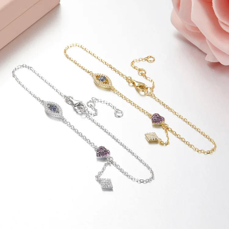 Браслет на ногу женский из серебра 925 пробы с забавным глазом и сердцем |