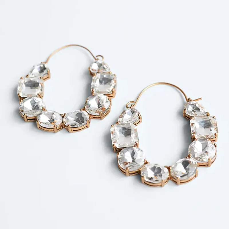 

2021 Hottest Trendy Vintage Geometric Rhinestone Gold Big Drop Earrings For Women Round Crystal Hanging Earring Fashion
