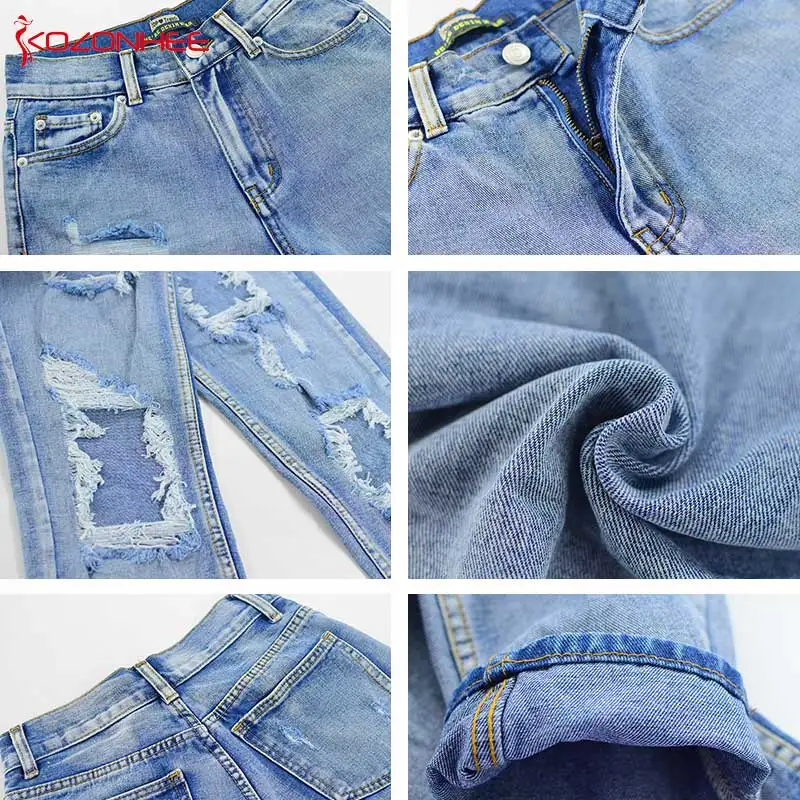 Неэластичные прямые женские джинсы с дырками нестандартные потертые для женщин