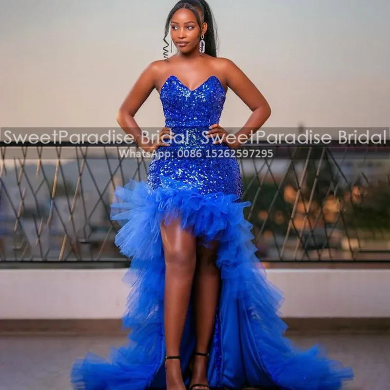 

Ruffles High Low Mermaid Prom Dresses In Royal Blue Sequined Tulle Sweetheart Neck Long Sweep Train Crop Top Dress Party Gown