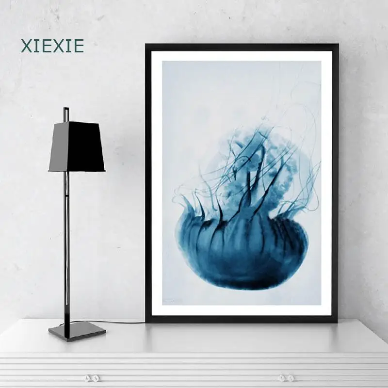 

Modern Minimalist Blue Jellyfish White Background Canvas Painting Hanging Wall Art for Bedroom Living Room House Decoration