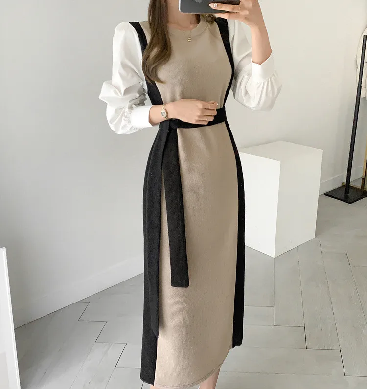 

knitting dresses INS fall winter spell color restoring ancient ways shirt sleeve splicing long-sleeved dress
