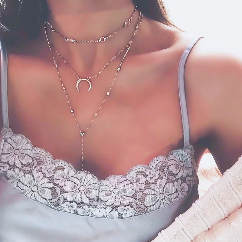 

Bohemian Crystal Tassel Long Chain Choker Necklace Women Gold Silver Exquisite Moon Pendant Multi-layer Necklace Jewelry