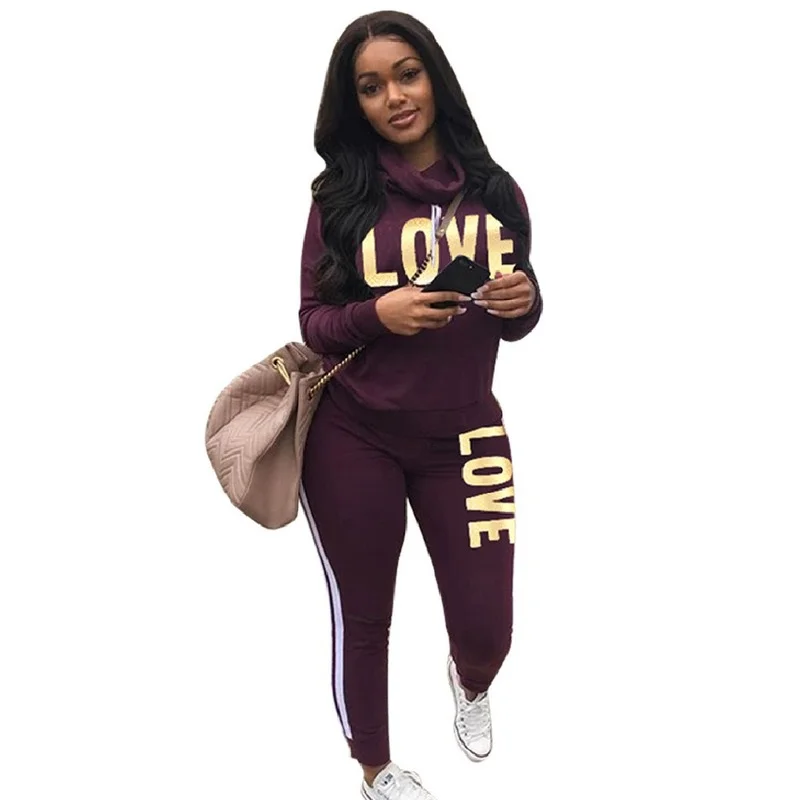 

2021 Plus Size 2 Piece Set Women Outfit LOVE Letter Print High Neck Hoodies Sweatshirt Pants Tracksuit Streetwear Casual Suit