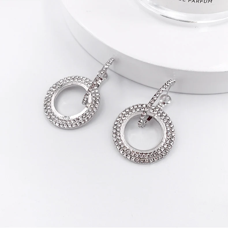

2021 New Design Fashion Hanging Earrings Geometric Round Shiny Rhinestone Earrings Women's Jewelry Wholesale