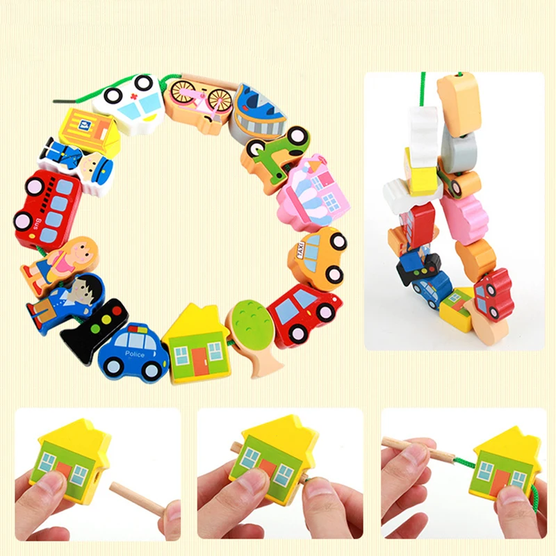 Baby Toys Wooden Montessori Toys DIY City Threading Beads String Lacing Puzzle Educational Crafts Toys for Children Kids Toddler