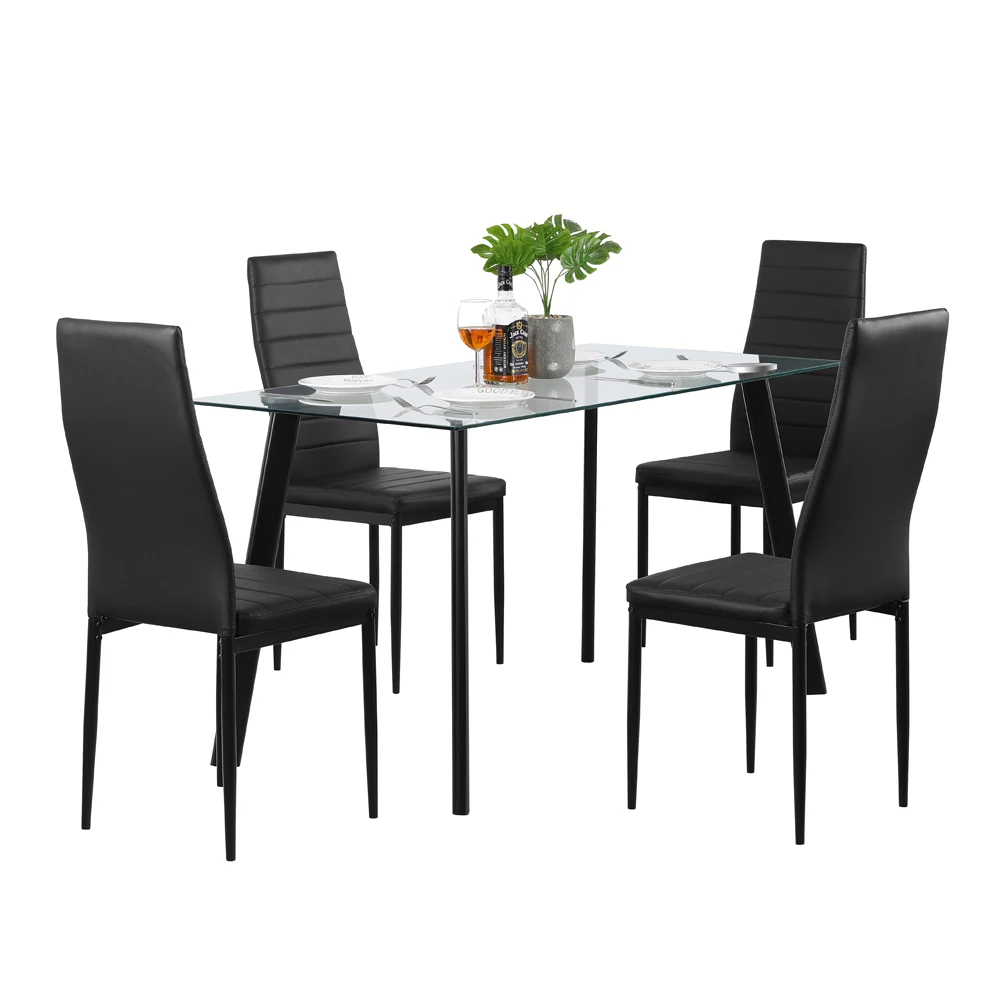 

【US Warehouse】Hot 5 Piece Dining Table Set 4 Chairs Glass Metal Kitchen Room Furniture Black