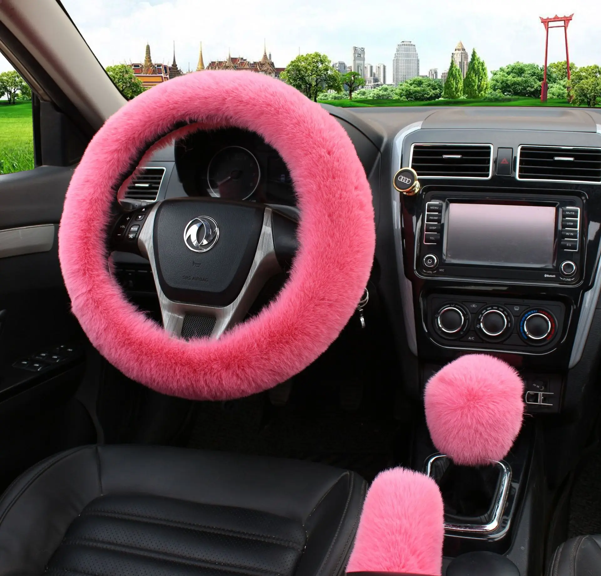 

Winter Warm Faux Wool Steering Wheel Cover with Handbrake Cover Gear Shift Cover Set Universal 15 Inch 1 Set 3 Pcs
