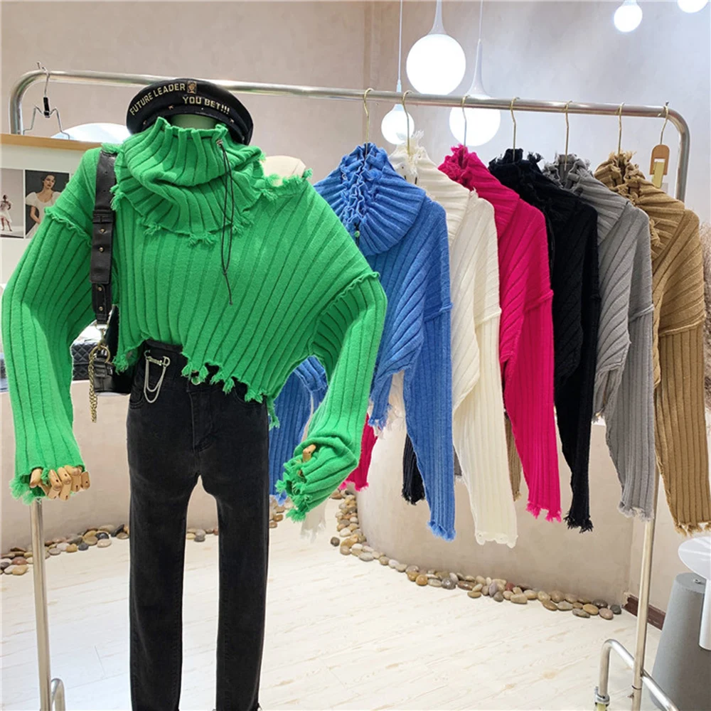 

2022 Hole Autumn Short New Round Neck Slim Sweater Women Loose Pullover Long Sleeve Sweater two-piece