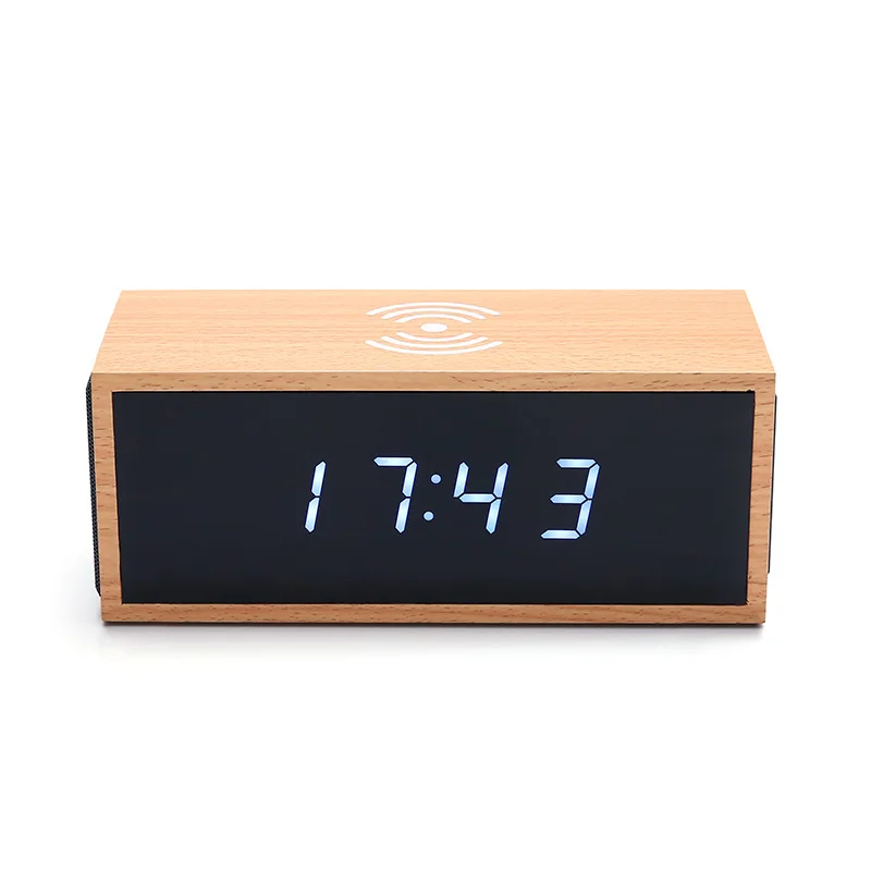 

Wooden Acrylic Mirror LED Display Wireless Charger Speaker with Alarm Clock