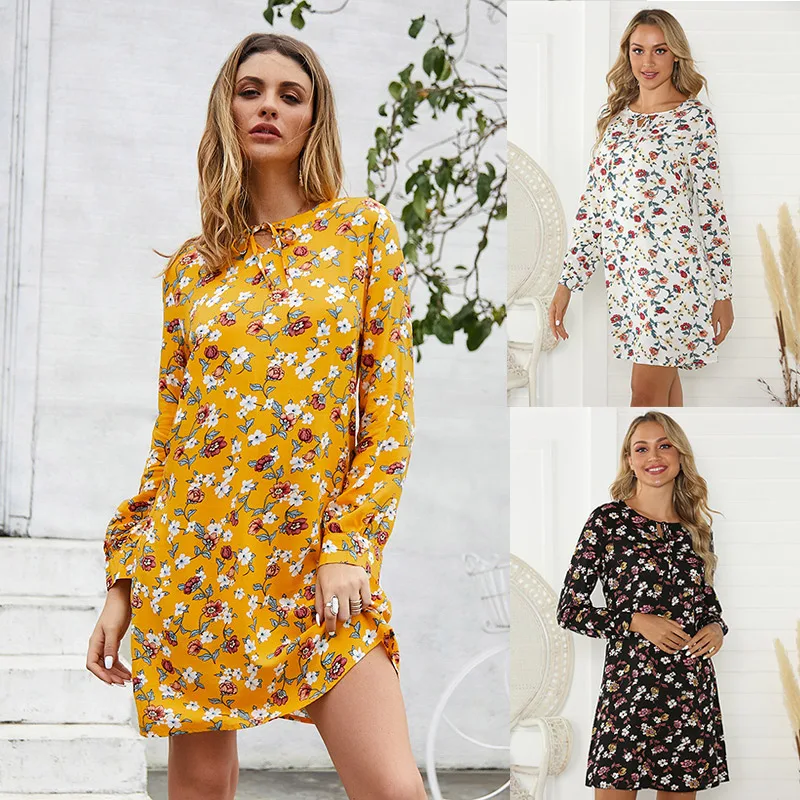 

Newest Women Lady Long Sleeve Round Collar Printing Dress for Summer Beach Party Holiday
