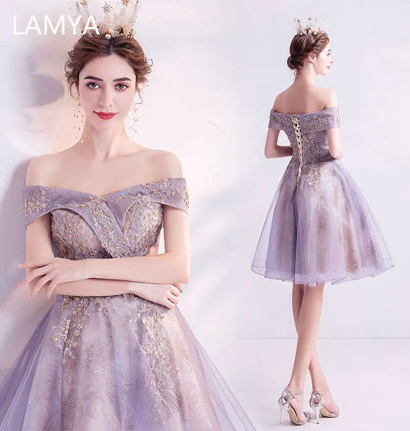 

LAMYA Elegant Golden Sequined Prom Dresses Boat Neck Evening Party Dress Knee Length Ball Gown Formal Gown Beads Robe De Soiree
