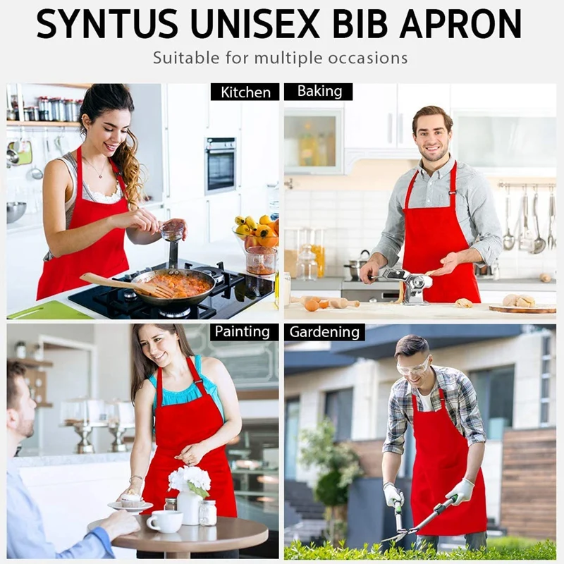 

New 2 Pack Adjustable Bib Apron Resistant with 2 Pockets Cooking Kitchen Aprons for BBQ Drawing, Women Men Chef, Red
