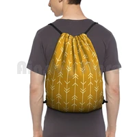 mustard boho arrows backpack drawstring bag riding climbing gym bag mustard yellow vertical lines gold minimalist cool