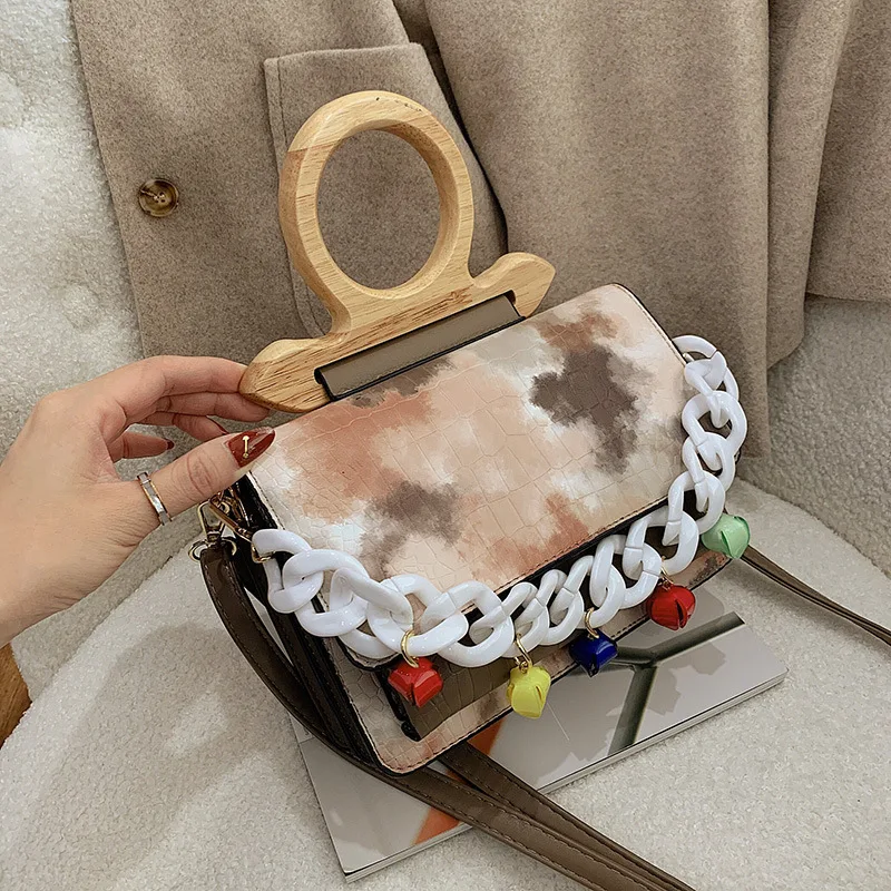 

Retro Fashion Wooden handle Handbag 2021 Stone Pattern Women's Designer Luxury Handbag Acrylic Chain Shoulder Messenger bags