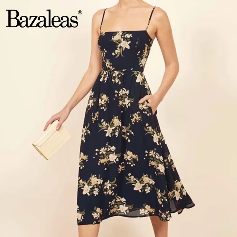Bazaleas элегантное с цветочным принтом темно синее на тонких бретельках женское
