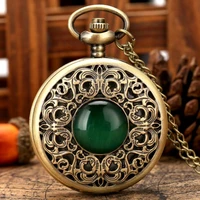 exquisite emerald green stone bronze case quartz pocket watch simple white dial chain clock necklace pendant watch for men women